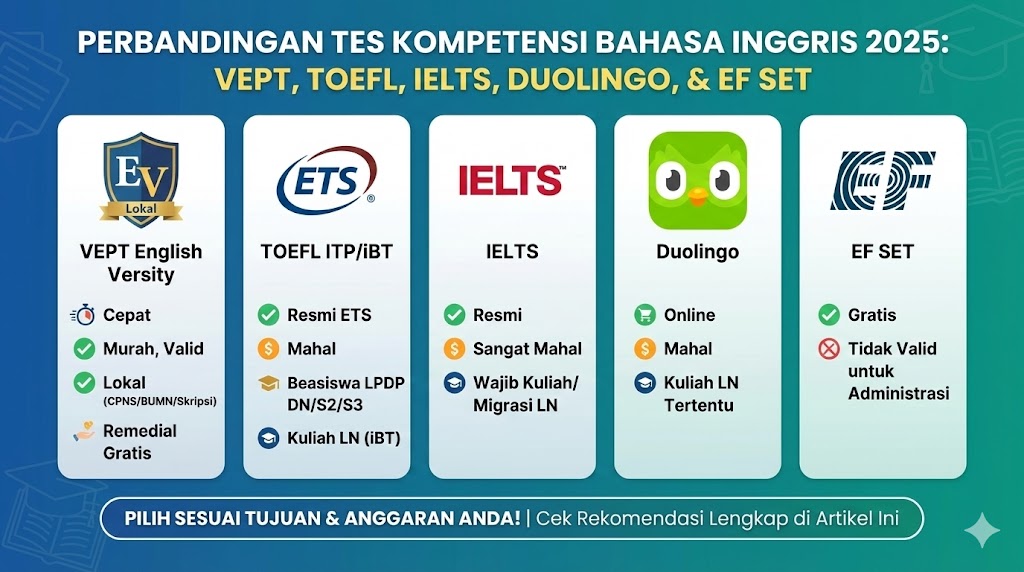 Pilih mana? Tes Bahasa Inggris VEPT, TOEFL, IELTS atau Duolingo?