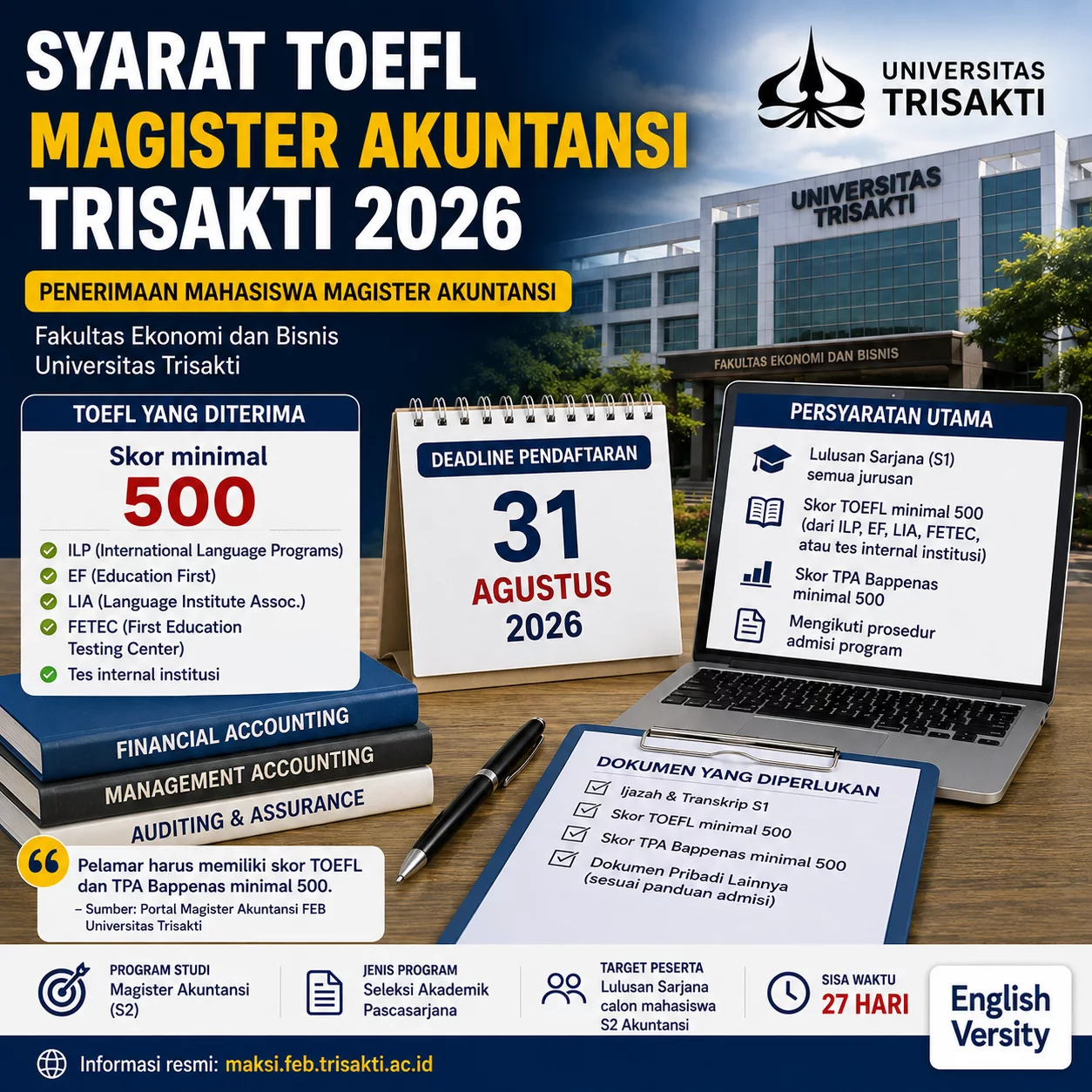 Syarat TOEFL Magister Akuntansi Trisakti 2026