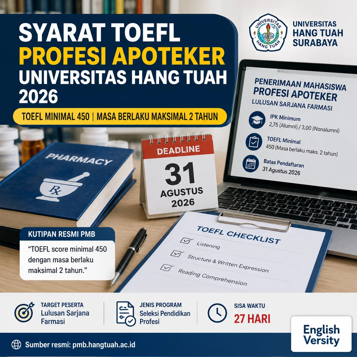 Syarat TOEFL Profesi Apoteker Hang Tuah 2026
